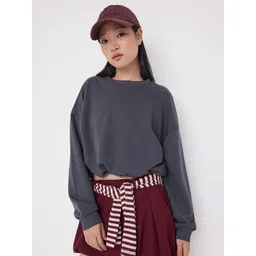 Trendyol Women Solid Round Neck Long Sleeves Oversized Crop Sweatshirt-picture-29