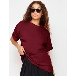 Trendyol Women Solid Round Neck Pure Cotton Oversized T-shirt-picture-24