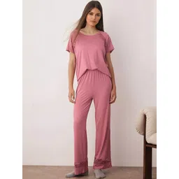 Trendyol Women Solid Round Neck Top & Pyjamas Night suit-picture-29
