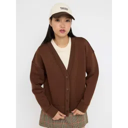 Trendyol Women Solid V Neck Front-Open Long Sleeves Oversized Sweatshirt-picture-20