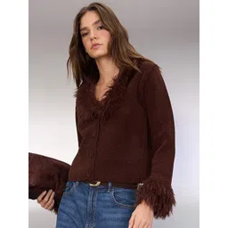 Trendyol Women Solid V-Neck Long Sleeve Cardigan with Fuzzy Detail-picture-25