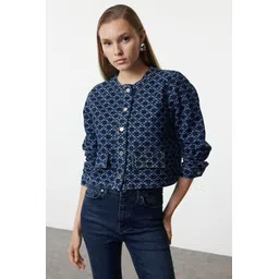 Trendyol Women Stand Collar Geometric Printed Cotton Casual Tailored Jacket-picture-31