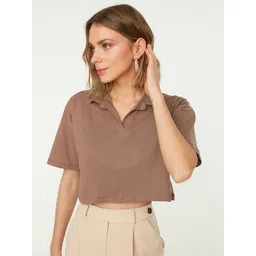 Trendyol Women Taupe Solid Polo Collar Drop-Shoulder Sleeves Cotton T-shirt-picture-34