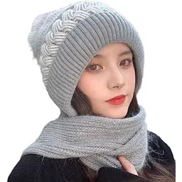 Tricky Shopper™ Women's Knitted Hat Winter Plush Velvet Warm Woolen Cap Neck Scarf | Twist Color Fuzzy Slouchy Beanie Monkey Cap with Muffler for Ski Hiking Outdoor Girls & Ladies-picture-41
