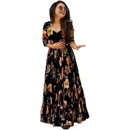trillmixa Women's Floral Print Sweetheart Neck Ruffled Fit & Flare Black Maxi Gown Dress-picture-10
