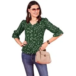 trillmixa Women's Georgette Top with Long Puff Sleeves V Neck Floral Printed Classic Fit Western Style and Standard Length-picture-12