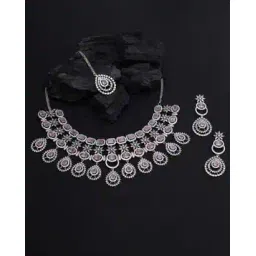 trink Women Silver-Plated Stone-Studded Necklace with Earrings & Mangtika Set-picture-39