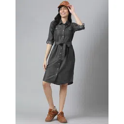 Tripursundari Fashion Roll-Up Sleeves Belted Denim Shirt Dress-picture-23