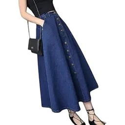 tripursundari fashion Women Navy Blue Buttoned A-Line Maxi Denim Skirt-picture-32