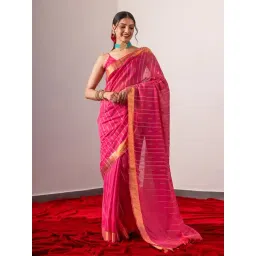 Triyah Pink Striped Silk Blend Saree With Unstitched Self Blouse-picture-42