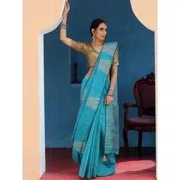 Triyah Teal Cotton Saree-picture-42