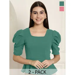 Tromko Puff Sleeve Top Pack of 2 Casual Regular Sleeves Solid Women Multicolor Top-picture-32