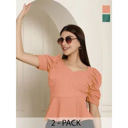 Tromko Women Pack of 2 Puff Sleeve Peplum Top-picture-36
