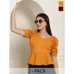Tromko Women Pack Of 2 Sweetheart Neck Puff Sleeve Peplum Top-picture-12