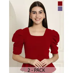 Tromko Women Pack of 2Solid Print PeplumPuff Sleeves Top-picture-33