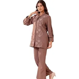 trooking fashions Women’s Metallic Brown Embroidered Co-ord Set | 2-Piece Rayon Outfit | with Tie-Up Neckline-picture-11