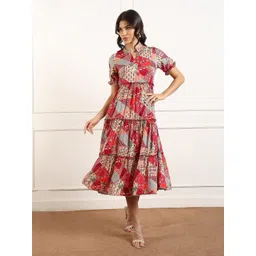 True Shape Women Floral Print Plated Mandarin Collar Fit & Flare Midi Dress-picture-18