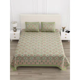 TrueYarns Green & White Ethnic Motifs 210 TC King Bedsheet with 2 Pillow Covers-picture-20