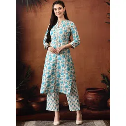 TRUVON FASHIONS Floral Printed Mandarin Collar Pure Cotton Kurta With Palazzos-picture-37