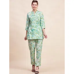 TRUVON FASHIONS Floral Printed Mandarin Collar Pure Cotton Tunic With Trousers-picture-33