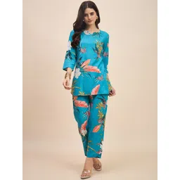 TRUVON FASHIONS Floral Printed Notch-Neck Straight Pure Cotton Kurta With Trousers-picture-34