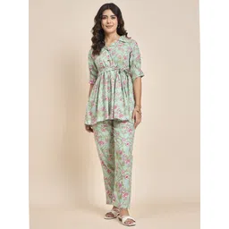 TRUVON FASHIONS Floral Printed Shirt Collar Pure Cotton Tunic With Trousers-picture-38