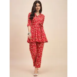 TRUVON FASHIONS Floral Printed Shirt Collar Pure Cotton Tunic With Trousers-picture-29