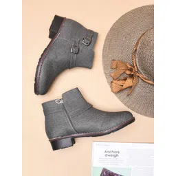 Try Me Women Textured Dual Buckle Straps Block-Heeled Regular Boots-picture-43