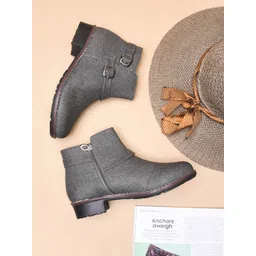 TRYME Women Textured Casual Block-Heeled Regular Boots with Buckle-picture-33