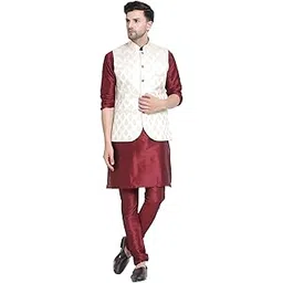 ts lifestyle Men's Maroon Kurta Pyjama With Jacquard Nehru Jacket Set for Party.-picture-37