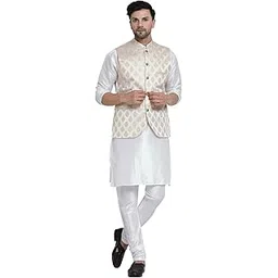 ts lifestyle Men's White Kurta Pyjama With Jacquard Nehru Jacket Set for Party.-picture-39