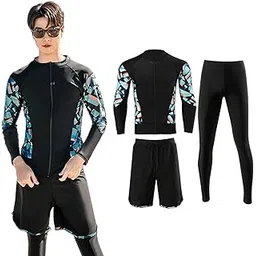 ttoitv Men's Rash Guard, 3-piece Set, Swimsuit, Long Sleeve, Open Front, UV Protection, Amphibious, Sweat Absorbent, Quick Drying, Surf Pants, Leggings, Top and Bottom Set, Fitness, Men, Swimming,-picture-29