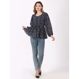 Tulip Eden Floral Printed Cuffed Sleeves Gathered Georgette Peplum Top-picture-15