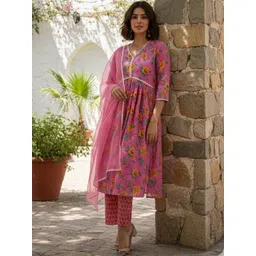 Tulip Eden Women Floral Printed Empire Kurta with Trousers & With Dupatta-picture-27
