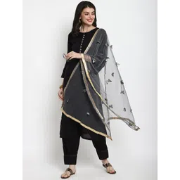 Tulsattva Women Black Floral Regular Pure Cotton Kurta with Trousers & With Dupatta-picture-17