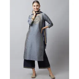 Tulsattva Women Grey Embroidered Mirror Work Kurta with Palazzos & Dupatta-picture-13