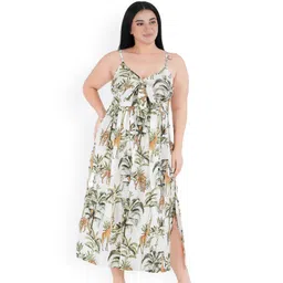 TULSILICIOUS Women Tropical Printed Gathered Slits Pure Cotton Fit & Flare Midi Dress-picture-14