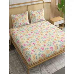 tundwal's Beige & Multicoloured Floral 210 TC King Bedsheet With 2 Pillow Covers-picture-27