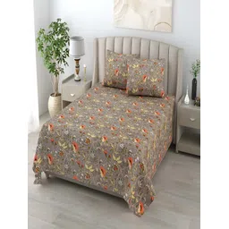 tundwal's Beige & Orange Floral Printed Cotton 210 TC Queen Bedsheet With 2 Pillow Covers-picture-36