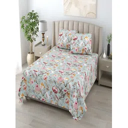 tundwal's Blue & Red Floral Cotton 210 TC King Bedsheet with 2 Pillow Covers-picture-26