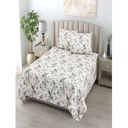 tundwal's Grey & Blue Floral Cotton 210 TC Queen Bedsheet with 2 Pillow Covers-picture-24