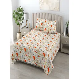 tundwal's Orange & White Floral Cotton 210 TC Queen Bedsheet with 2 Pillow Covers-picture-28