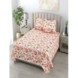 tundwal's Peach-Coloured & Green Floral Cotton 210 TC King Bedsheet with 2 Pillow Covers-picture-30