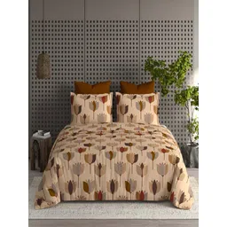 tundwal's Peach-Coloured & Red Floral 210 TC King Bedsheet with 2 Pillow Covers-picture-15