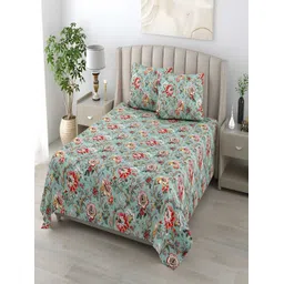 tundwal's Red & Blue Floral Cotton 210 TC King Bedsheet with 2 Pillow Covers-picture-40