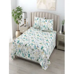 tundwal's White & Blue Floral Cotton 210 TC King Bedsheet with 2 Pillow Covers-picture-37