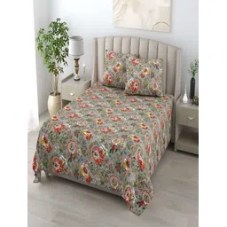 tundwal's Yellow & Grey Floral Printed Cotton 210 TC Queen Bedsheet With 2 Pillow Covers-picture-15