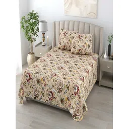 tundwal's Yellow & Maroon Floral Cotton 210 TC Queen Bedsheet with 2 Pillow Covers-picture-18