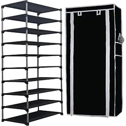 TURBOMAX Multipurpose Shoe Rack Stand with Zip Door Cover & Side Pockets, Multiuse Wide Shelve Storage Rack for Footwear, Toys, Clothes with Dustproof Cover (9 Layer Holder, Black)-picture-23