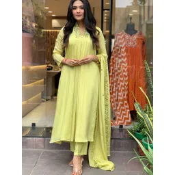 TURITY Women Embroidered Pleated Thread Work Chanderi Silk Kurta with Trousers & With Dupatta-picture-22